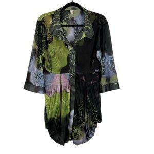 Lindi Artsy Floral 3/4 Roll Tab Sleeve Pleated Flowy Tunic Blouse Large Green